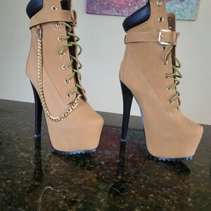 Shiekh Camel Heeled Boots with Gold Accent Never Worn